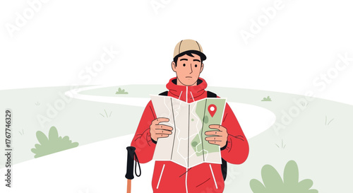 A Young Explorer Examining a Map While Hiking on a Serene Trail in the Outdoors