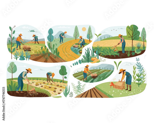 Cultivating Fields: A vibrant illustration showcasing farmers tending their fields, embodying the essence of agriculture. Depicting various agricultural activities in a serene rural setting.