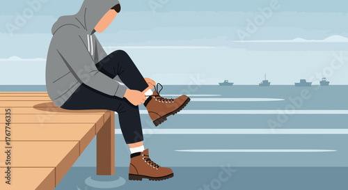 A Person Sitting On Dock Tying Boots With Boats In The Background And Cloudy Sky
