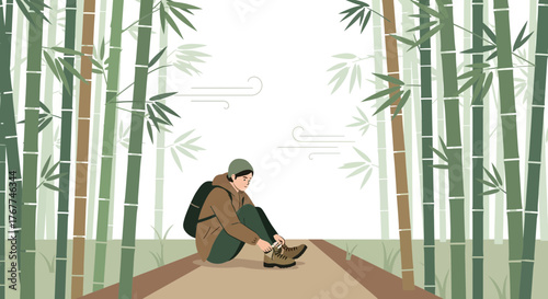 A Young Explorer Pauses Amidst A Lush Bamboo Forest To Adjust His Footwear