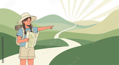 A Young Explorer Navigates Scenic Trails With A Map, Ready For Adventures In Nature