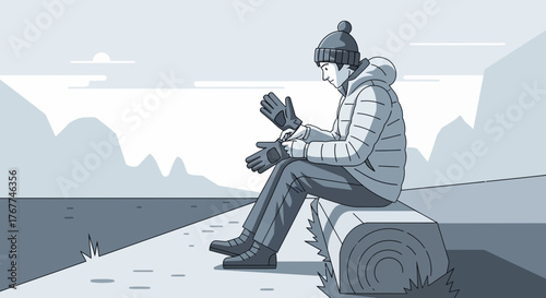 A Person Sitting Outdoors Prepares For Cold Weather Wearing Gloves and Outerwear