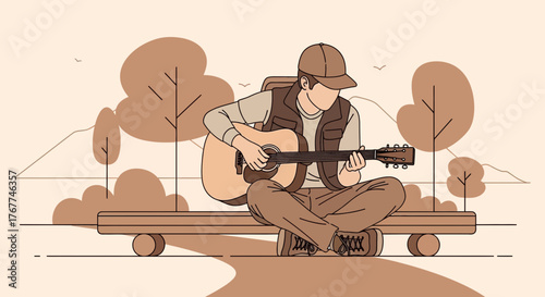 A Young Guitarist Performs Outdoors Captivating Ambiance With Melodic Musicality