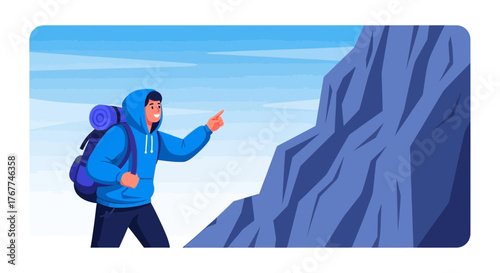 A Young Explorer Smiles While Pointing to The Majestic Rocky Mountains Ahead