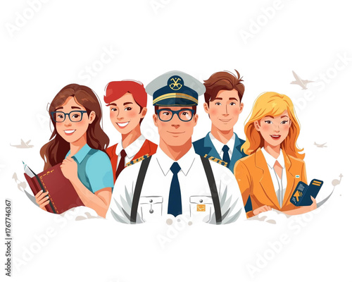 Diverse Aviation Professionals Team: A captivating illustration showcases a diverse group of aviation professionals, including a pilot and crew, representing various roles within the airline industry.