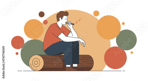 A Young Man Plays Flute While Sitting Peacefully On A Wooden Log