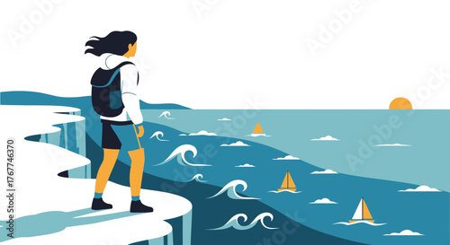 A Person Standing At The Edge, Enjoying The Seascape Beauty, Full Of Peace