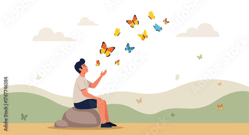 A Young Man Relaxes With The Freedom of Butterflies on a Blissful Day Outdoors