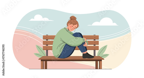 A Young Woman Comforting Herself While Sitting Alone on a Park Bench Outdoors