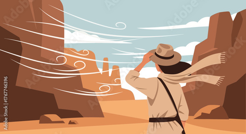 A Person Standing In Desert Winds, Wearing A Hat And Scarf, Feeling The Strong Winds