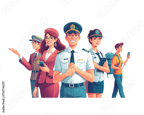 United Professionals: A diverse group of uniformed professionals, each with distinct roles, stands united, projecting competence and teamwork, ready to contribute in their respective fields.
