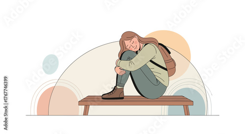 A Young Woman Finds Solace While Sitting On A Bench In A Quiet Setting