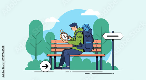 A Person Using a Compass While Sitting on Bench Exploring Nature Outdoors