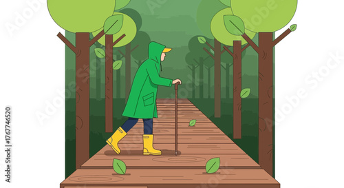 A Person Walking Through A Forest Path On A Cloudy Day Wearing Green Clothes