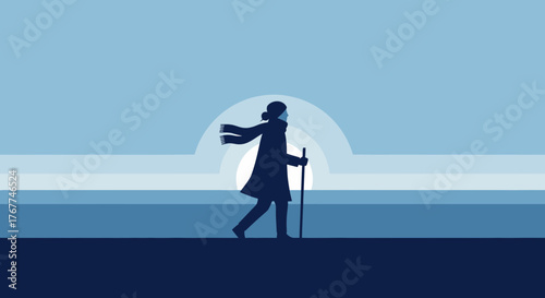 A Person Walks Forward With Cane During Sunset, Minimalist Blue Tones Illustration