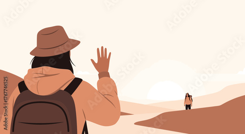 Abstract Illustration of A Hiker Waving Goodbye in The Desert Wilderness Landscape