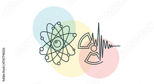 Abstract Illustration Depicting Atomic Structure and Radioactive Hazard Symbols Clearly