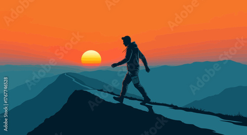 A Person Walks Along Ridge at Sunset With a Majestic Orange Gradient Sky