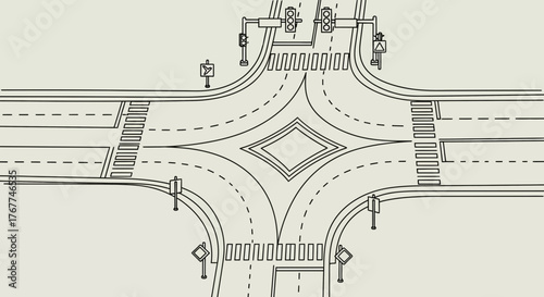 Abstract Illustration of A Road Intersection With Crosswalks And Traffic Signals