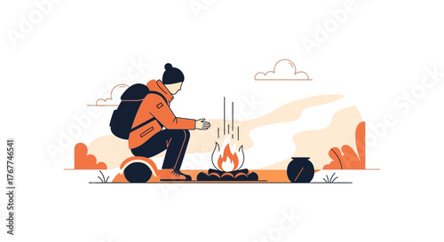 A Person Warming By a Campfire On A Wilderness Expedition Adventure Scene Illustration