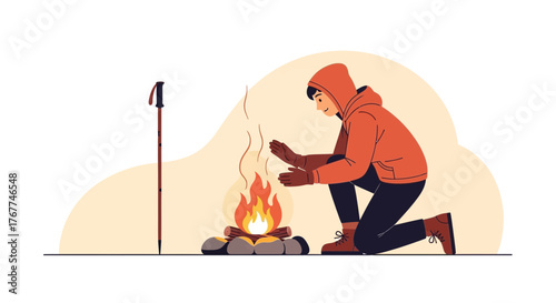 A Person Warms Hands Near a Campfire During the Outdoor Adventure Activity