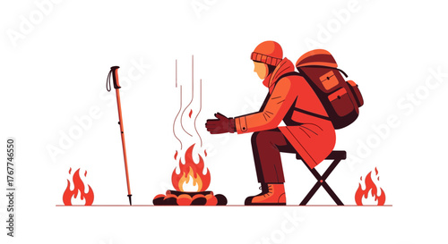 A Person Warms Up Near a Campfire During a Cold Day While Backpacking Outdoors