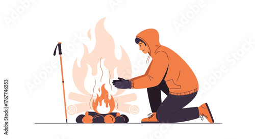 A Person Warms Hands Near a Campfire, Illustration for Outdoor Adventures