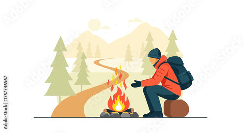 A Person With Backpack Warming Hands Near a Campfire During a Journey in a Forest