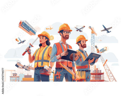 Construction Crew: Illustration of dedicated construction workers with safety helmets and vests, exuding professionalism and determination amidst the ongoing project 
