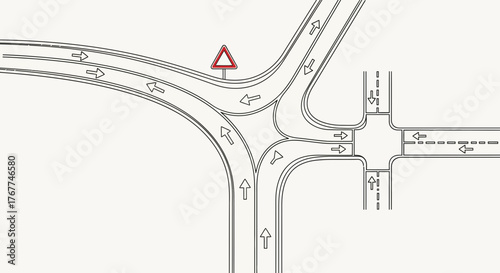 Abstract Illustration of Complex Road Intersection With Traffic Route Design and Signage