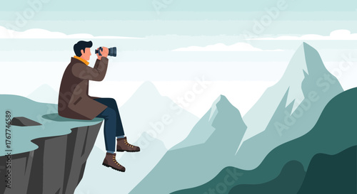 A Person With Binoculars Observing The Scenic Mountain View For Future Prospects