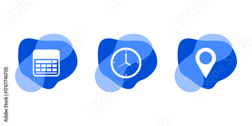 Blue Abstract Fluid Shapes with Calendar, Clock, and Location Icons