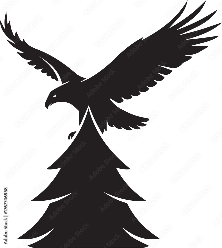 Obraz premium Black silhouette of a soaring eagle with outstretched wings above a stylized evergreen tree eagle silhouette