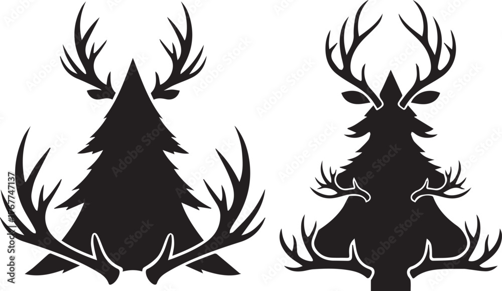 Naklejka premium Black silhouette of two pine trees with deer antlers framing them on a white background black and white