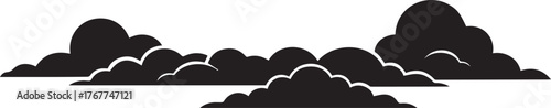 Black silhouette of stylized cumulus clouds against a white background with white outlines vector