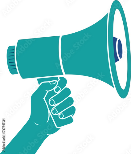 Hand holding a megaphone symbol of announcement, communication, and public speaking voice amplifier