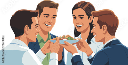 Smiling Colleagues Sharing Food and Collaborating during Lunch Break