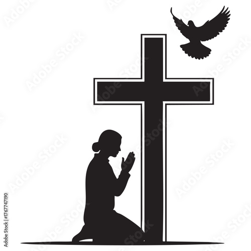 Woman Praying at Cross with Dove - Christian Faith Silhouette
