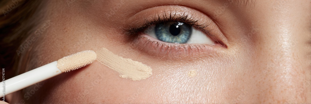 Naklejka premium Woman Applying Concealer on Her Skin for a Natural Look in a Bright Setting During Daytime