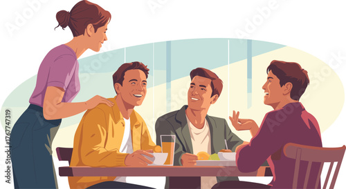 Smiling Friends Talking and Sharing a Meal at a Restaurant or Cafe