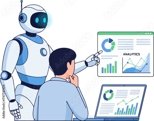 A robot is pointing at a screen with charts while a person is looking at a laptop artificial intelligence concept