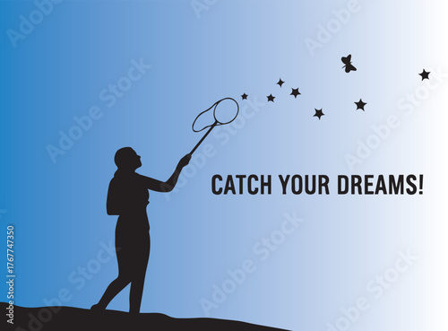 Silhouette of a person with a butterfly net reaching for stars and butterflies against a blue gradient background with text