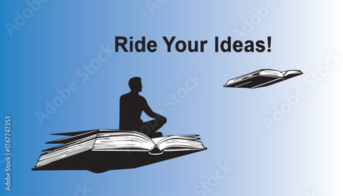 Silhouette of person meditating on open book flying through blue gradient sky with another open book in distance