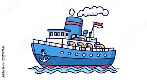 Whimsical cartoon steamboat illustration against a crisp white background for designs