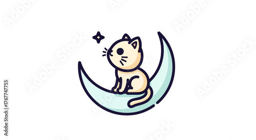 Whimsical feline dreaming, a kitten perched gracefully on a crescent moon and star
