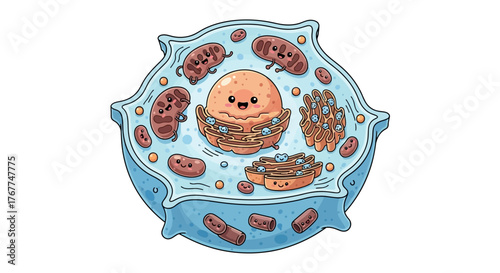 Whimsical depiction of an animal cell structure with friendly organelles illustration
