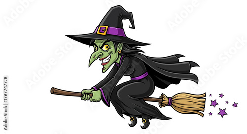 Whimsical illustration of a green witch gliding on her broom casting starry spells