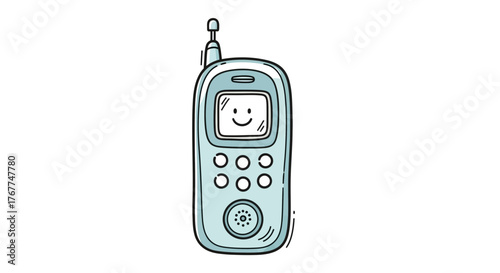 Whimsical illustration of a vintage wireless telephone with friendly smiley face display