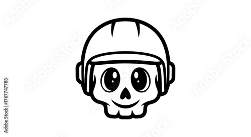 Whimsical monochrome mascot featuring a skull wearing protective construction gear artwork
