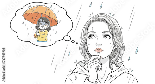 Worried woman reminiscing about a daughter in the rain with an orange umbrella depiction